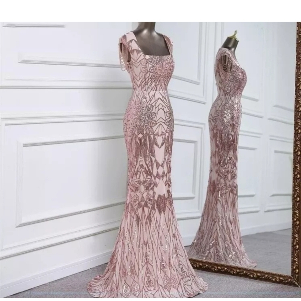 Pink, Cap Sleeve,  Rhinestone,  Square Neck, Contrast Sequined Mermaid G…